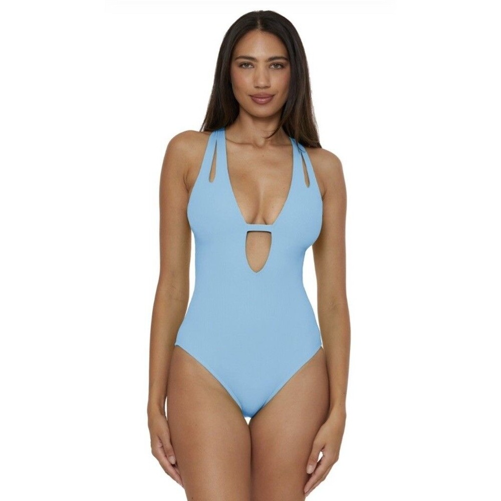 Becca Modern Edge Ice Blue Ribbed Plunging Neck Swimsuit Size Small NWT $98